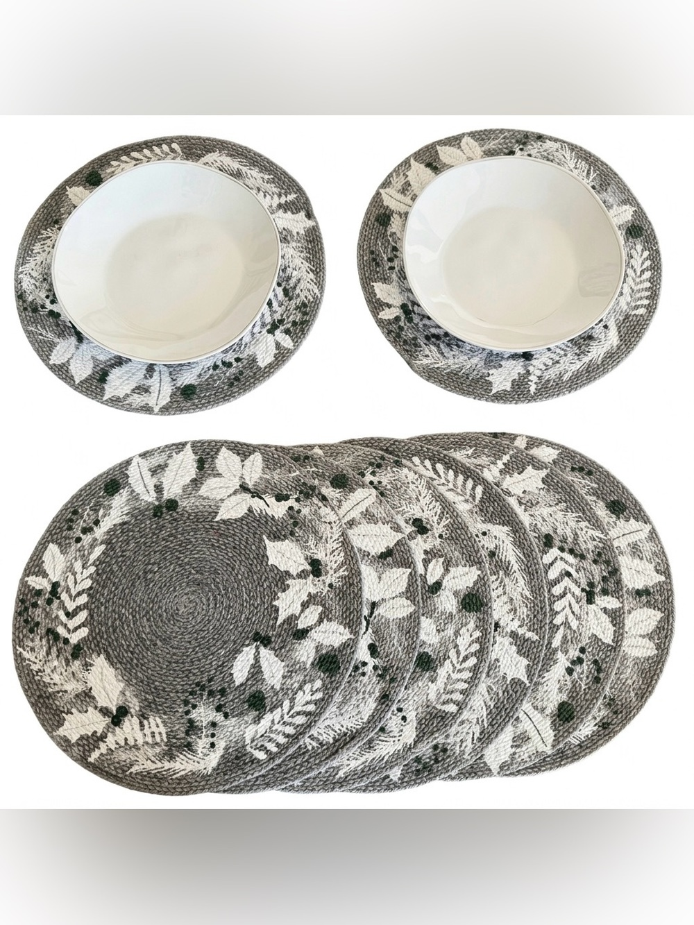 Set of 4 Braided Cotton Placemats - Gray Holly Leaf Holiday
